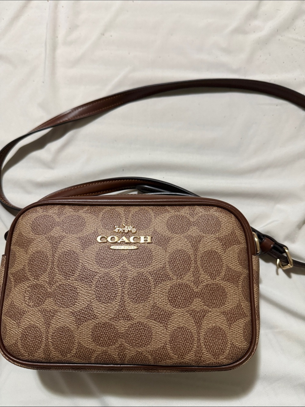 Coach Tan/Brown Signature Crossbody Bag with Gold Logo